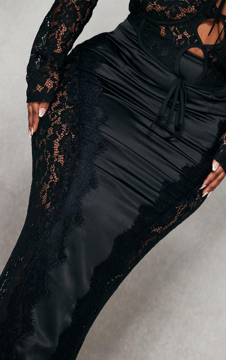 Plus Black Satin Lace Detail Midi Skirt Product Image