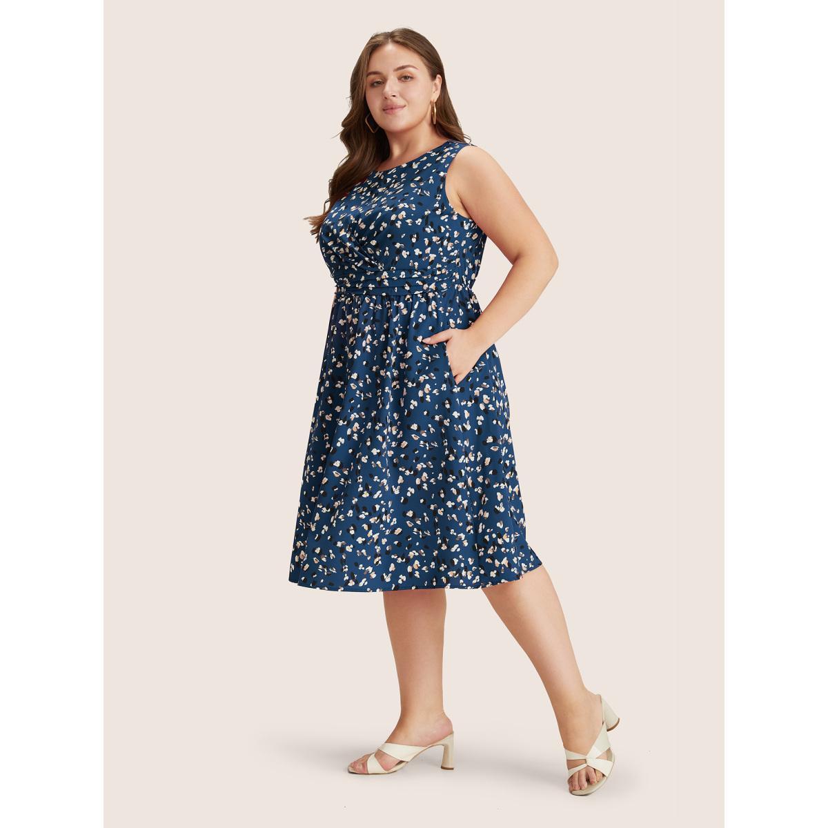 Plus Size Allover Print Pocket Flutter Crossover Ruched Tank Dress Aegean Women Elegant Twist Round Neck Sleeveless Curvy Midi Dress BloomChic 18-20/2X Product Image