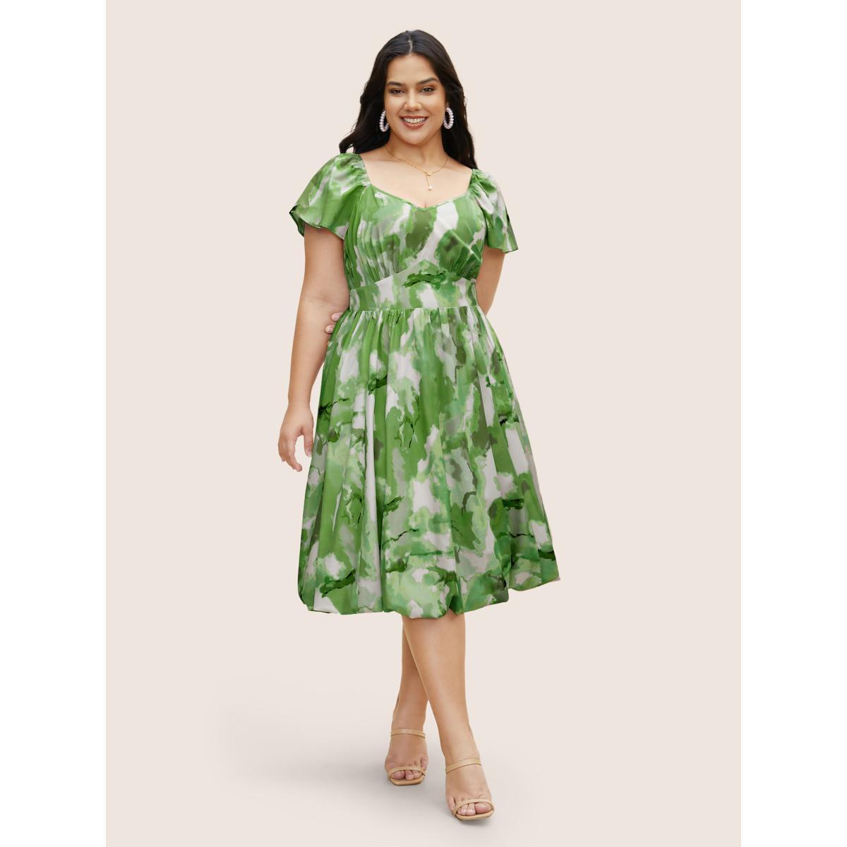 Plus Size Watercolor Floral Ruffles Shirred Gathered Dress Truegreen Women Elegant Gathered Heart neckline Cap Sleeve Curvy BloomChic 14-16/1X Product Image