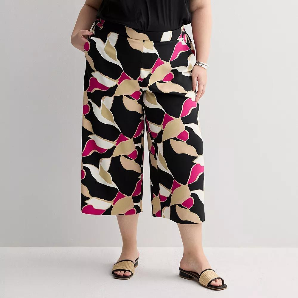 Plus Size Nine West Pull-On Flowy Wide Leg Cropped Pants, Women's, Size: 0X, Black Bolder Stripes Product Image