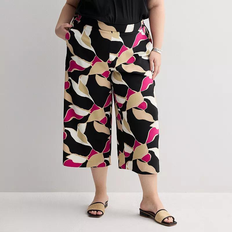 Plus Size Nine West Pull-On Flowy Wide Leg Cropped Pants, Women's, Size: 0X, Black Bolder Stripes Product Image
