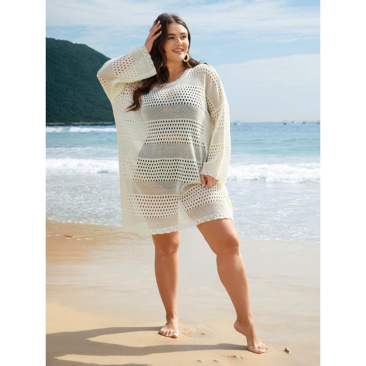 Plus Size Cut-Out Plain Round Neck Swim Cover-Up Women's Swimwear Ivory Beach Loose Cut-Out Curve Swim Cover Ups BloomChic 30/6X Product Image