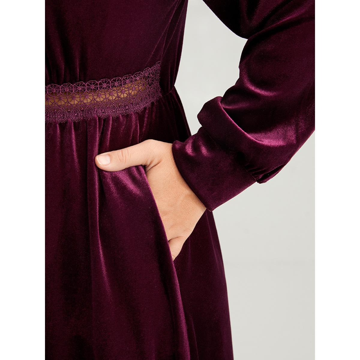 Plus Size Solid Lace Pocket Keyhole Tie Neck Velvet Flutter Dress Burgundy Women Party Patchwork V-neck Long Sleeve Curvy Midi Dress BloomChic 18-20/2X Product Image