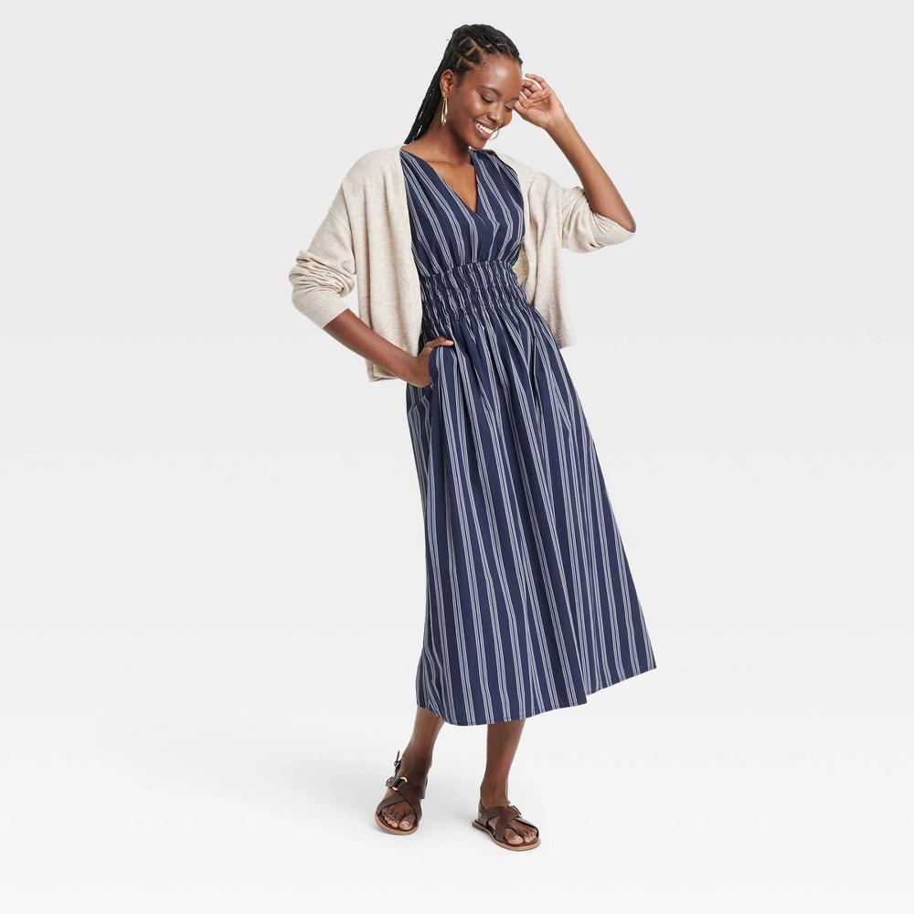 Womens Midi A-Line Dress - Universal Thread Navy Blue Striped XL Product Image