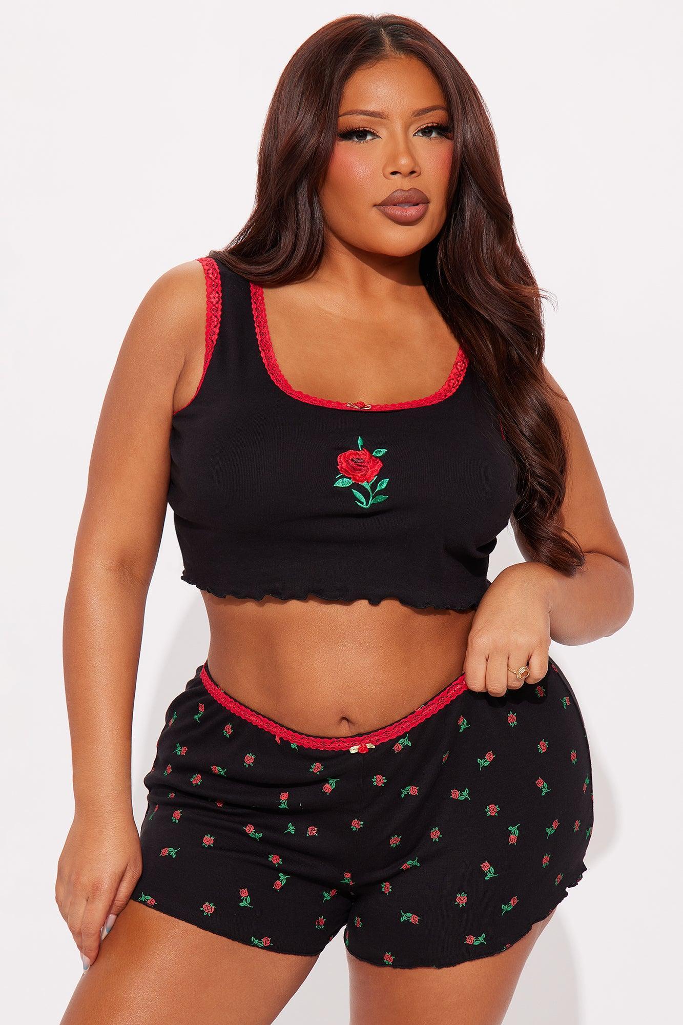 Rose Petals Ribbed PJ Short Set - Black/Red Product Image