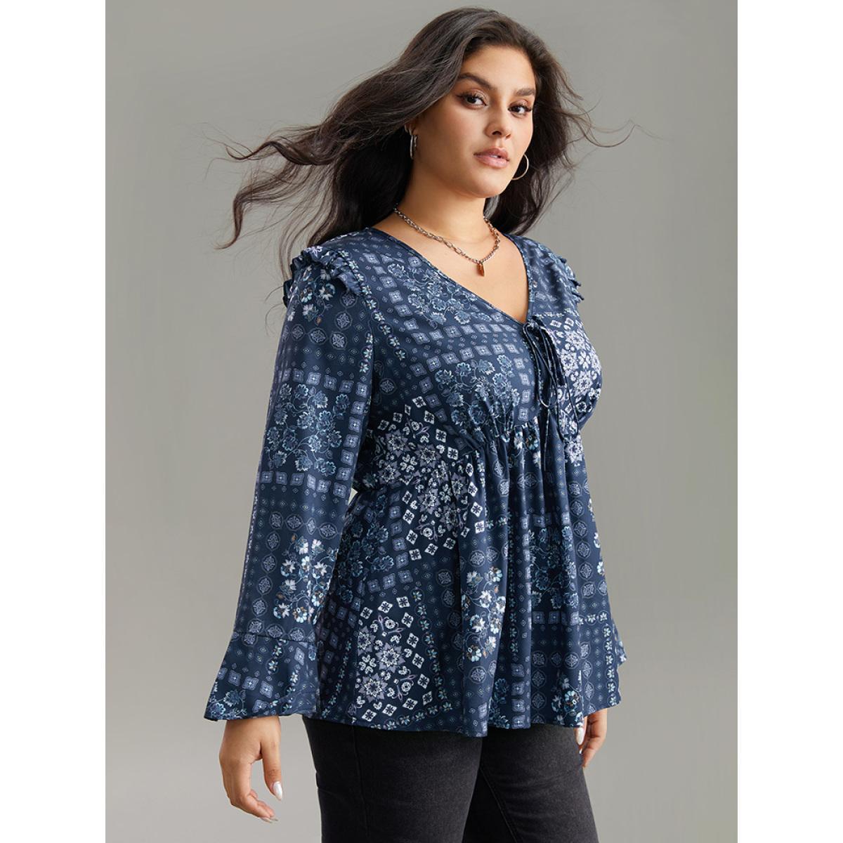 Plus Size Stone Bandana Print Bowknot Frill Trim Blouse Women Elegant Long Sleeve V-neck Dailywear Blouses BloomChic 28/5X Product Image