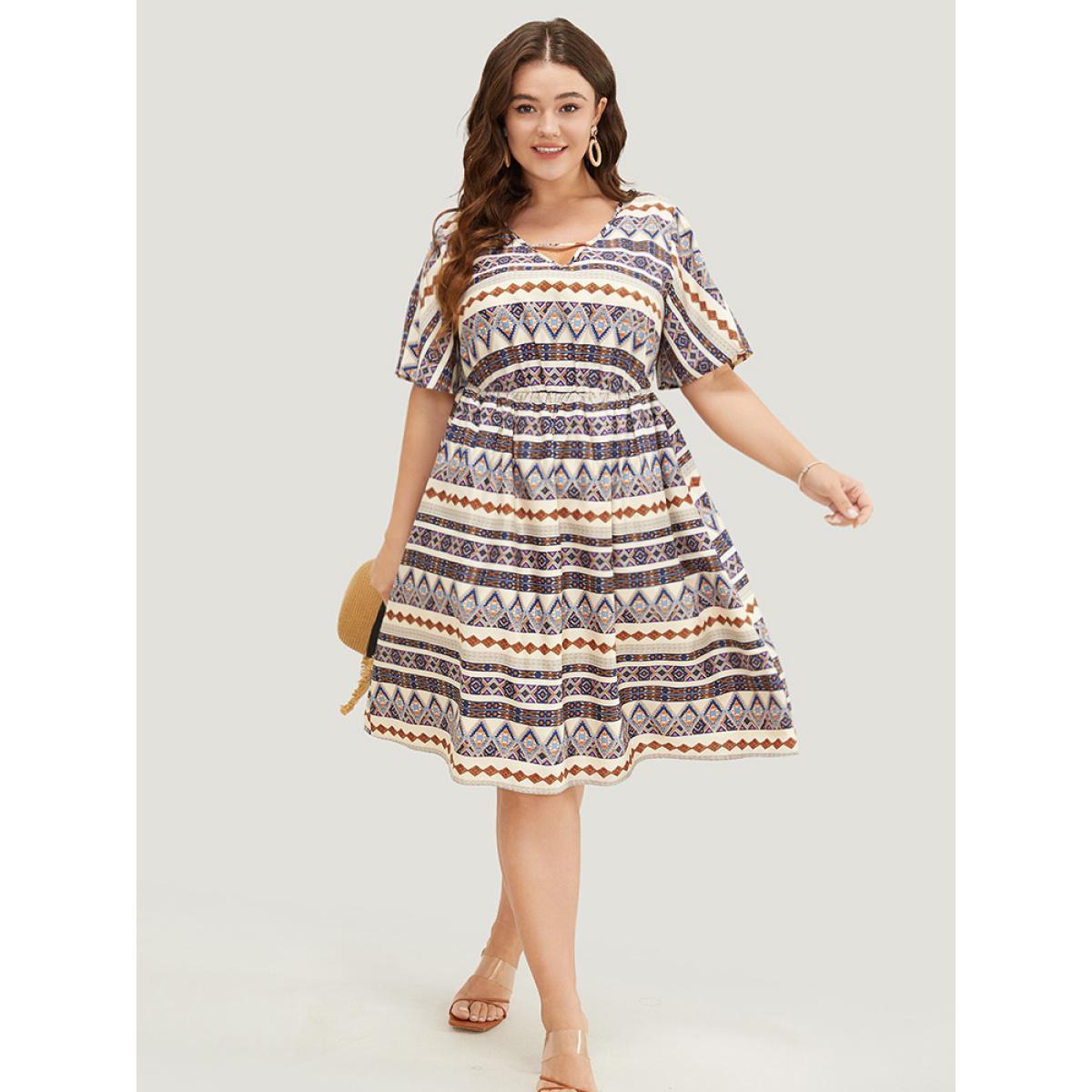 Plus Size Bandana Print Pocket Ruffle Keyhole Knee Dress Multicolor Women Vacation Keyhole V-neck Short sleeve Curvy Knee Dress BloomChic 10/M Product Image