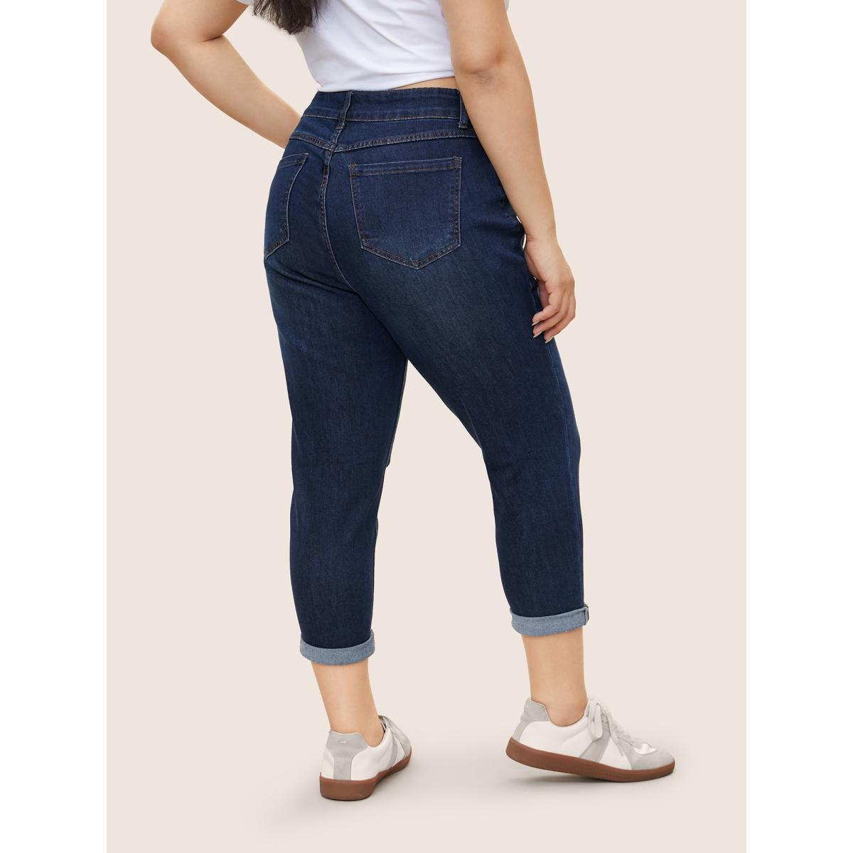 Plus Size Very Stretchy High Rise Dark Wash Cropped Jeans Women DarkBlue Casual Plain High stretch Slanted pocket Jeans BloomChic 26/4X Product Image
