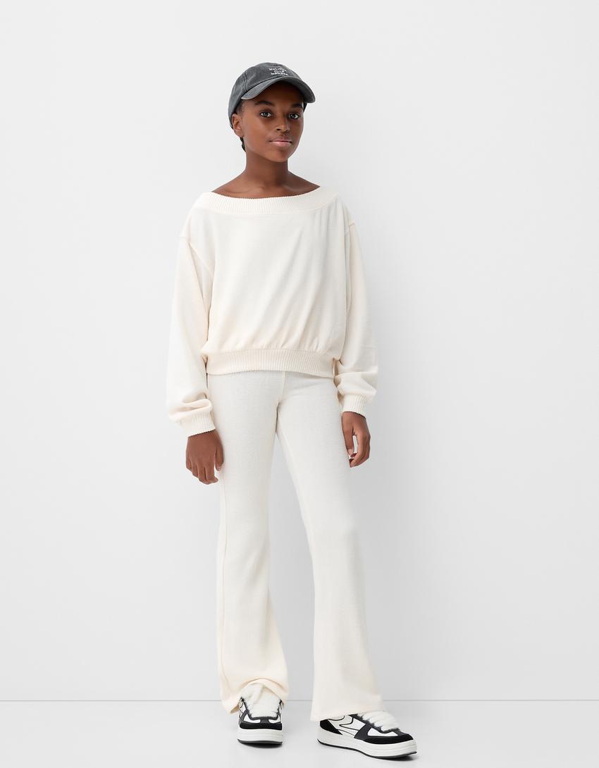 Soft touch flared pants with fold-over waist Product Image