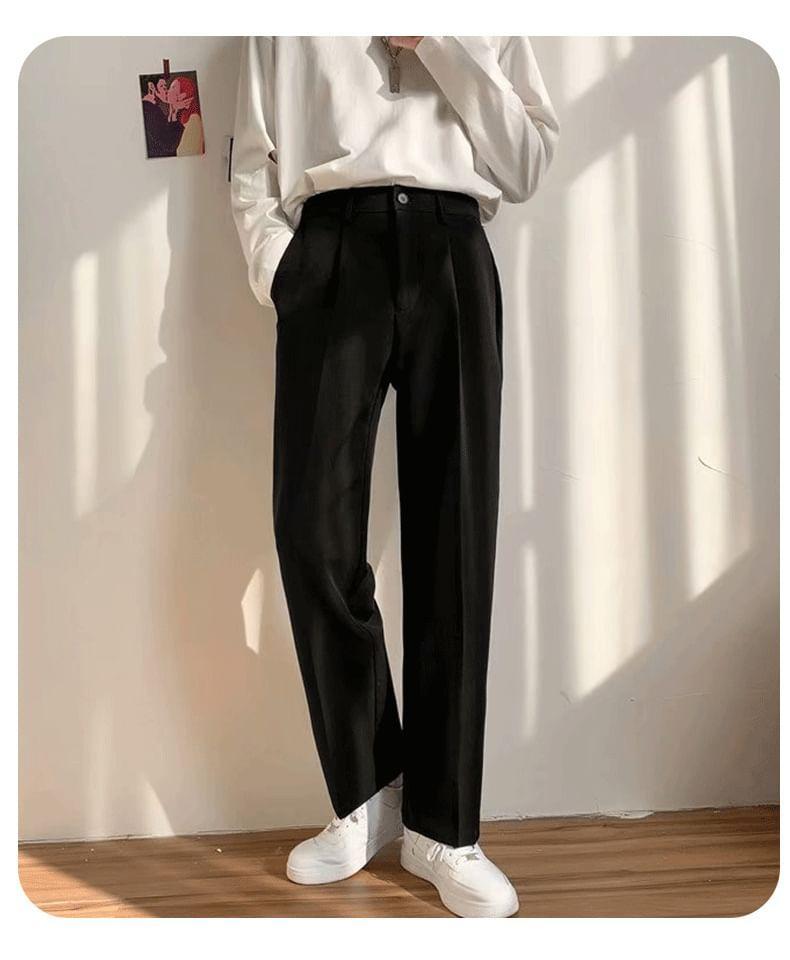 Mid Rise Plain Straight Leg Dress Pants Product Image