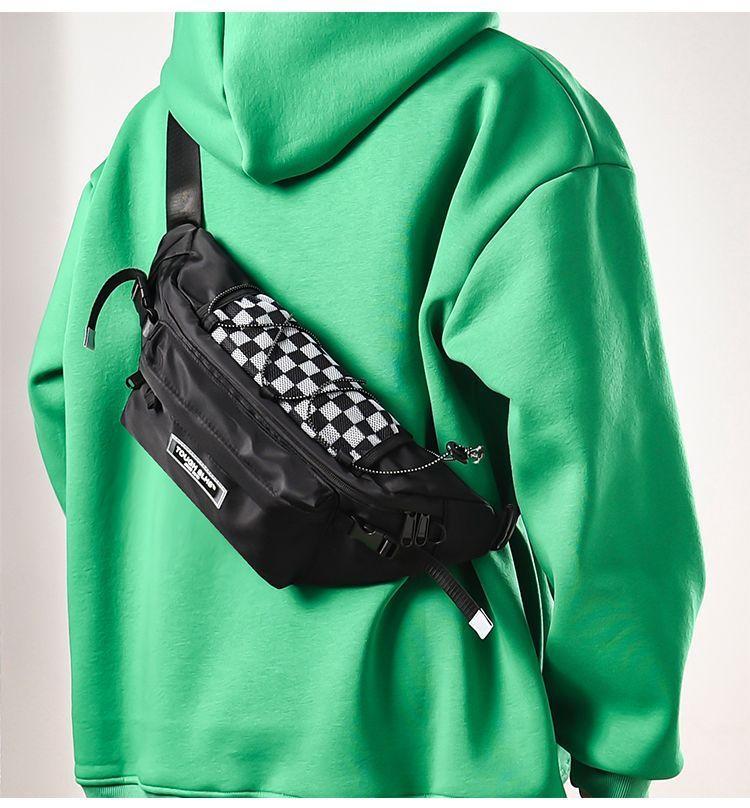 Set: Checkered Panel Drawstring Sling Bag + Bag Charm Product Image
