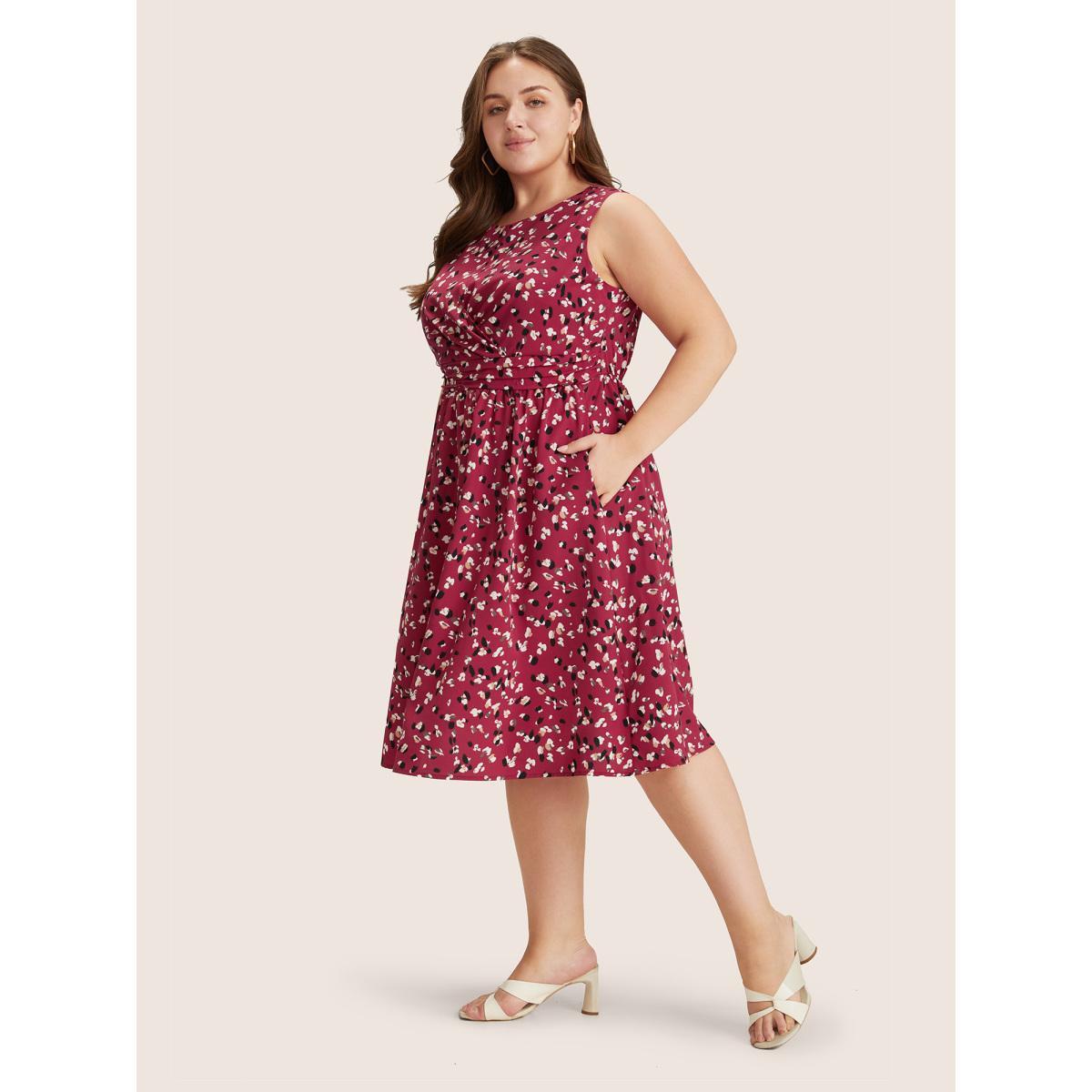 Plus Size Allover Print Pocket Flutter Crossover Ruched Tank Dress Burgundy Women Elegant Twist Round Neck Sleeveless Curvy Midi Dress BloomChic 26/4X Product Image