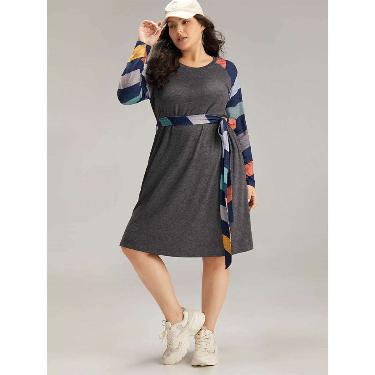 Plus Size Striped Pocket Raglan Sleeve Belted Dress DimGray Women Casual Belted Round Neck Long Sleeve Curvy Knee Dress BloomChic 10/M Product Image