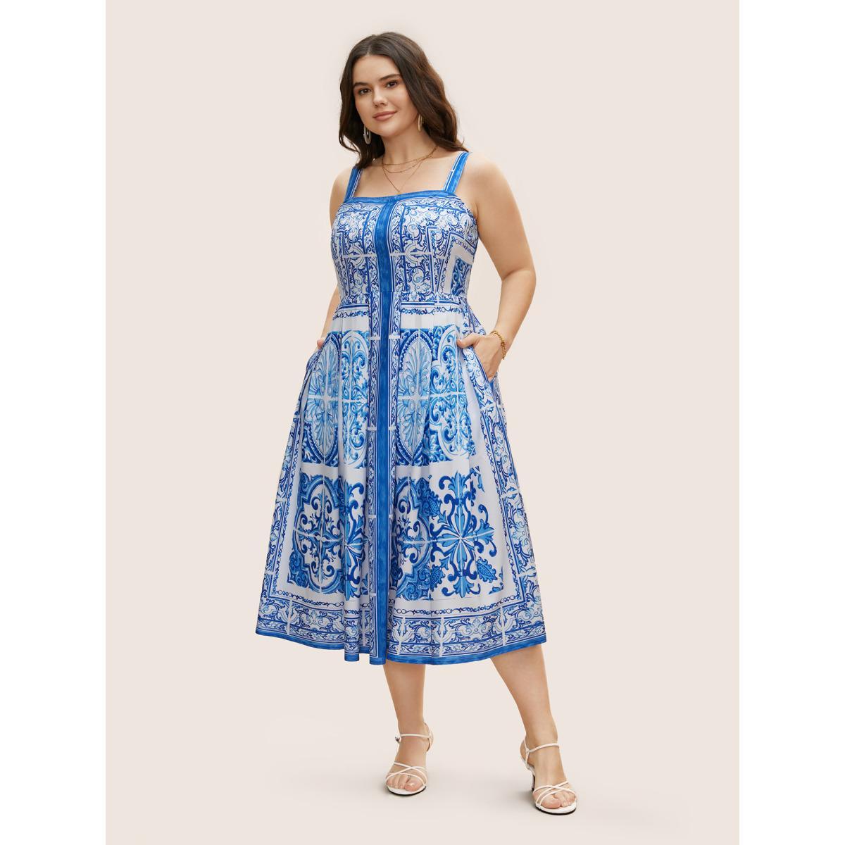 Plus Size Boho Print Square Neck Plicated Detail Midi Dress Mediumblue Women Elegant Pleated Square Neck Sleeveless Curvy BloomChic 22-24/3X Product Image