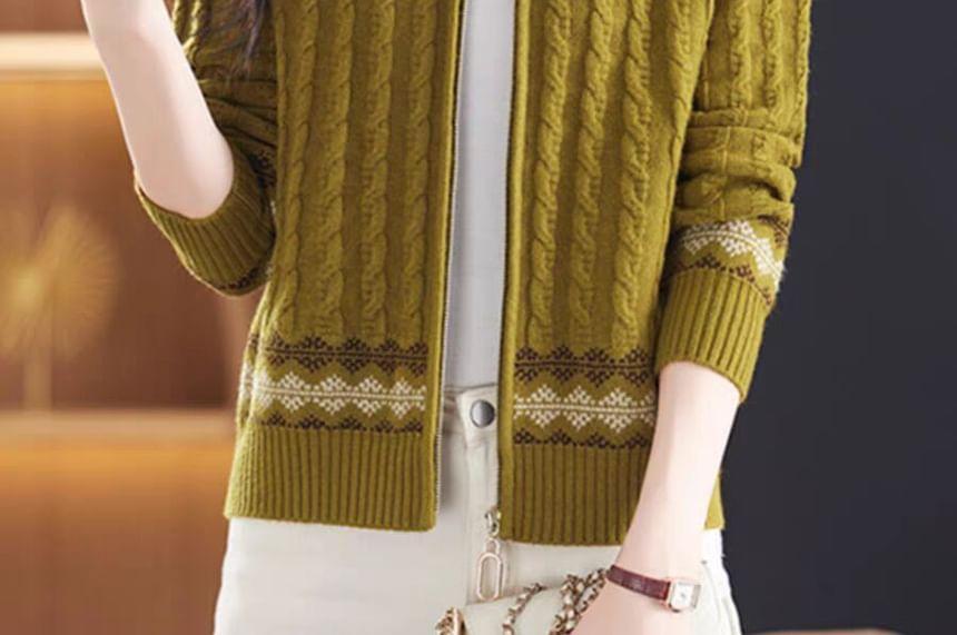 Stand Collar Patterned Zip Cable Knit Cardigan Product Image
