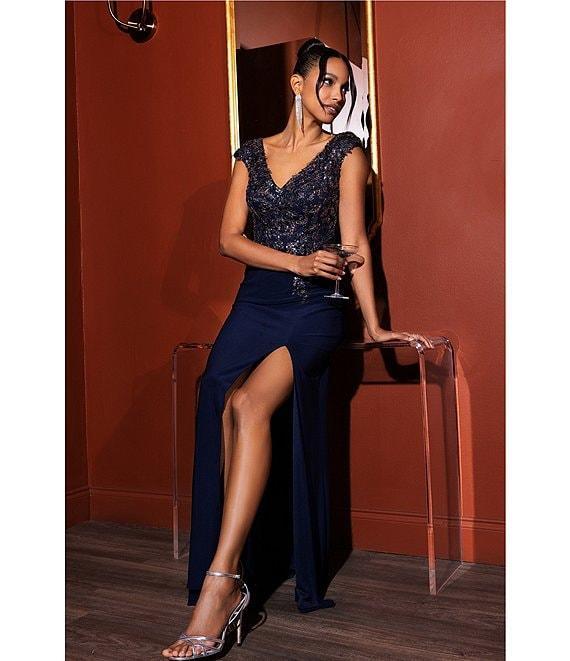 Xscape V-Neck Bead Bodice Front Slit Knit Jersey Sheath Gown Product Image