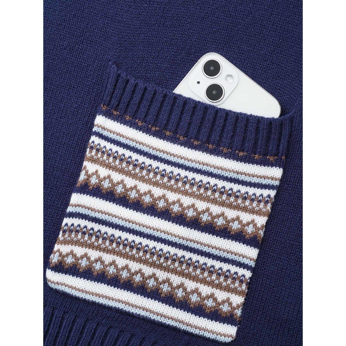 Plus Size Striped Jacquard Patched Pocket Pullover Indigo Women Casual Loose Long Sleeve V-neck Everyday Pullovers BloomChic 26/4X Product Image