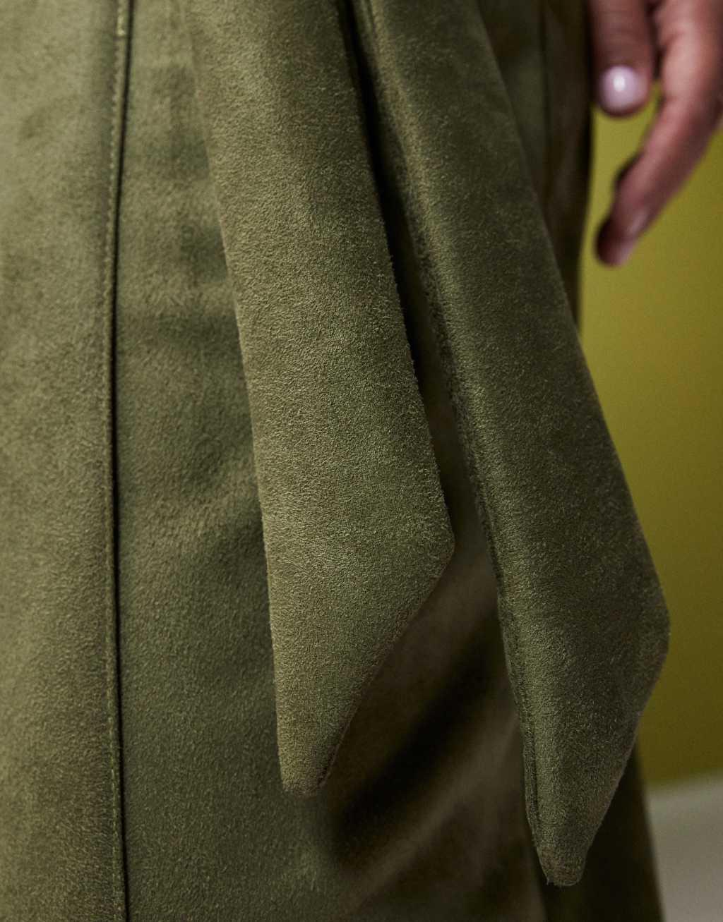 ASOS DESIGN Curve tie detail wrap suedette maxi skirt in khaki Product Image