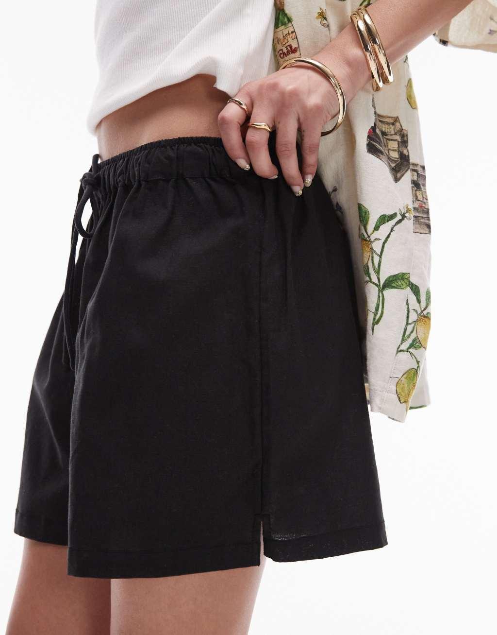 Topshop linen blend beach shorts in black - part of a set Product Image