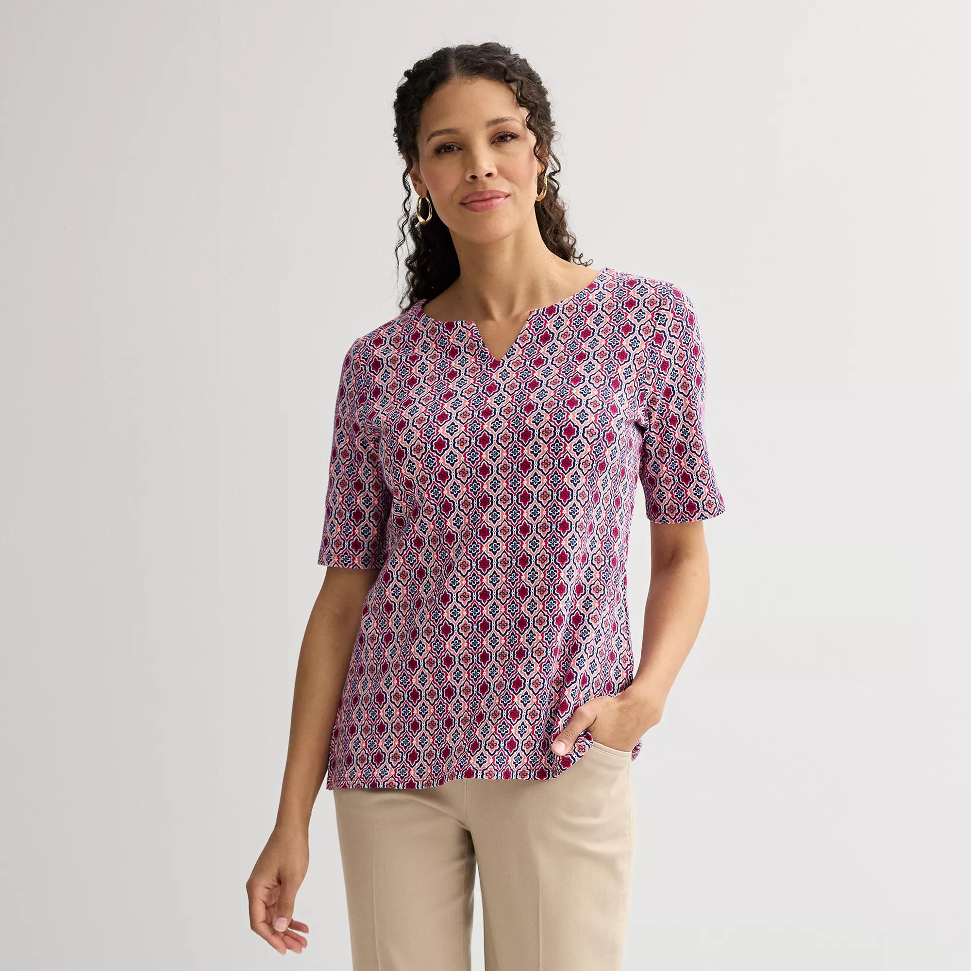 Petite Croft & Barrow® Elbow Sleeve Splitneck Top, Women's, Size: XS Petite, Red Ageless Tile Product Image