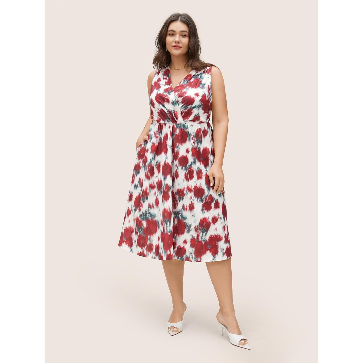 Plus Size Graphic Contrast Pocket Surplice Neck Tank Dress Multicolor Women Elegant Non Overlap Collar Sleeveless Curvy Midi Dress BloomChic 22-24/3X Product Image