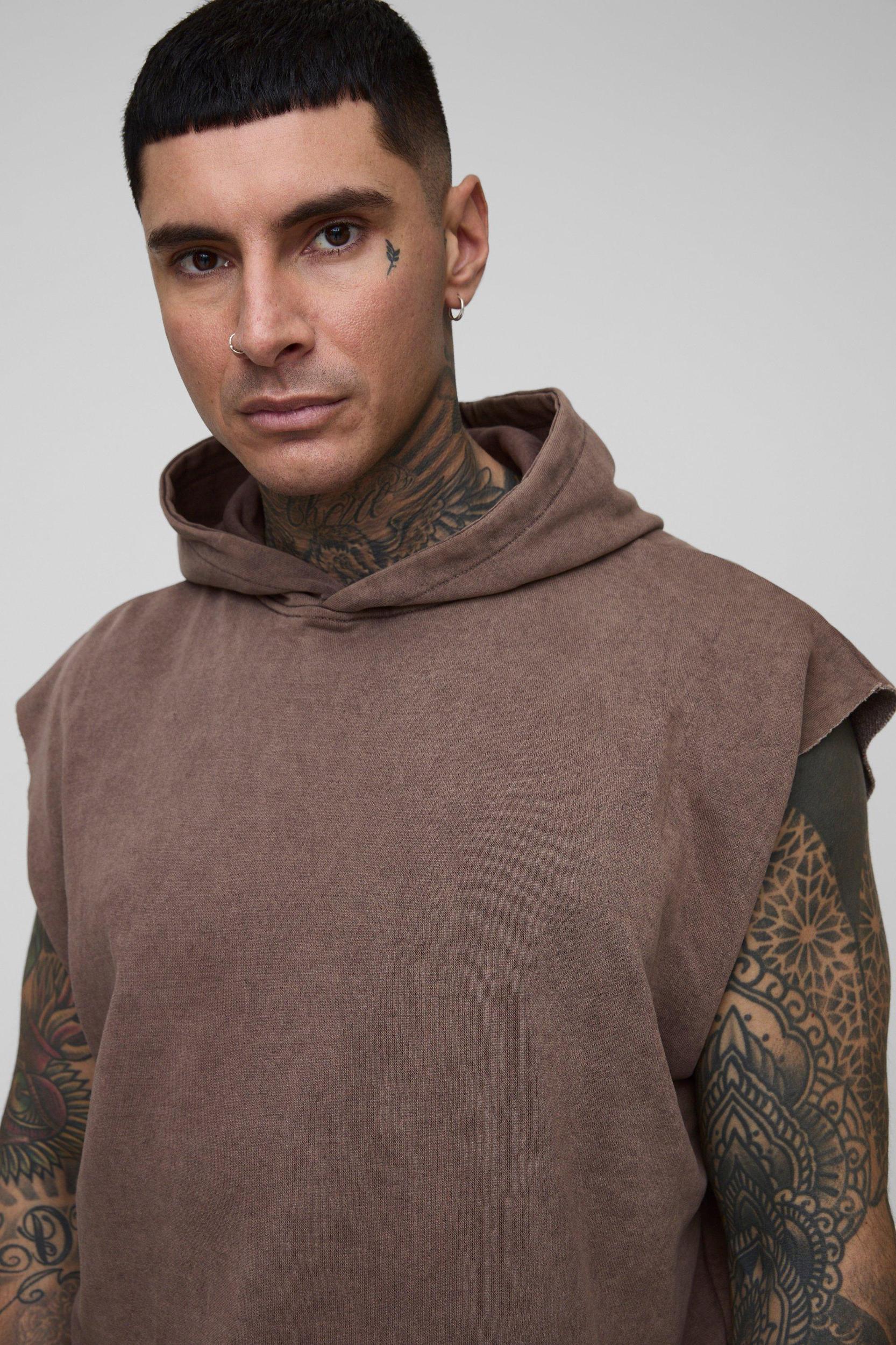 Tall Oversized Boxy Sleeveless Acid Wash Hoodie | boohooMAN USA Product Image
