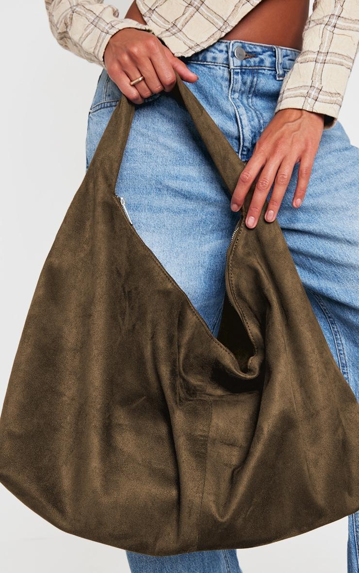 Khaki Faux Suede Oversized Slouchy Tote Bag Product Image