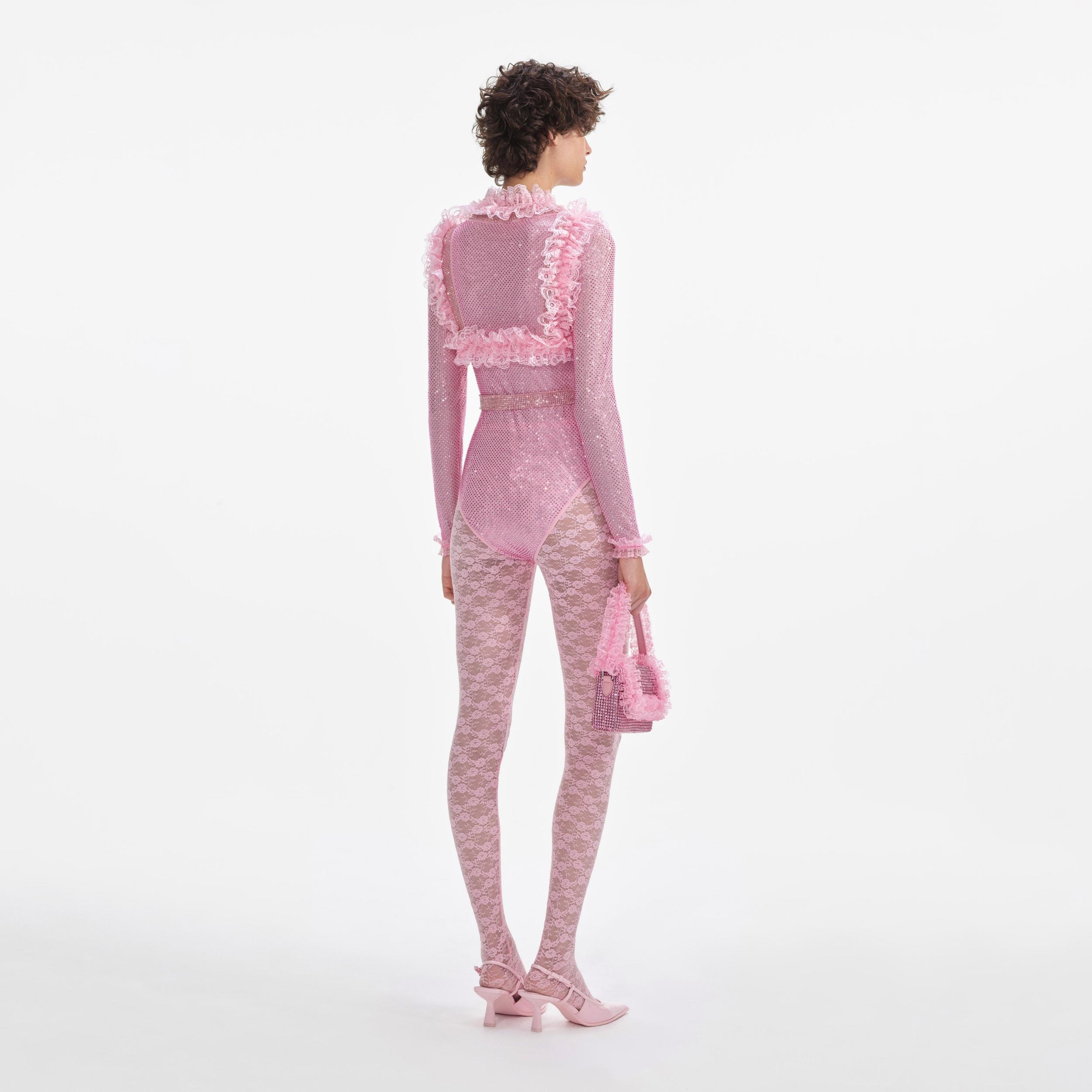 Pink Rhinestone Mesh Ruffle Bodysuit Product Image