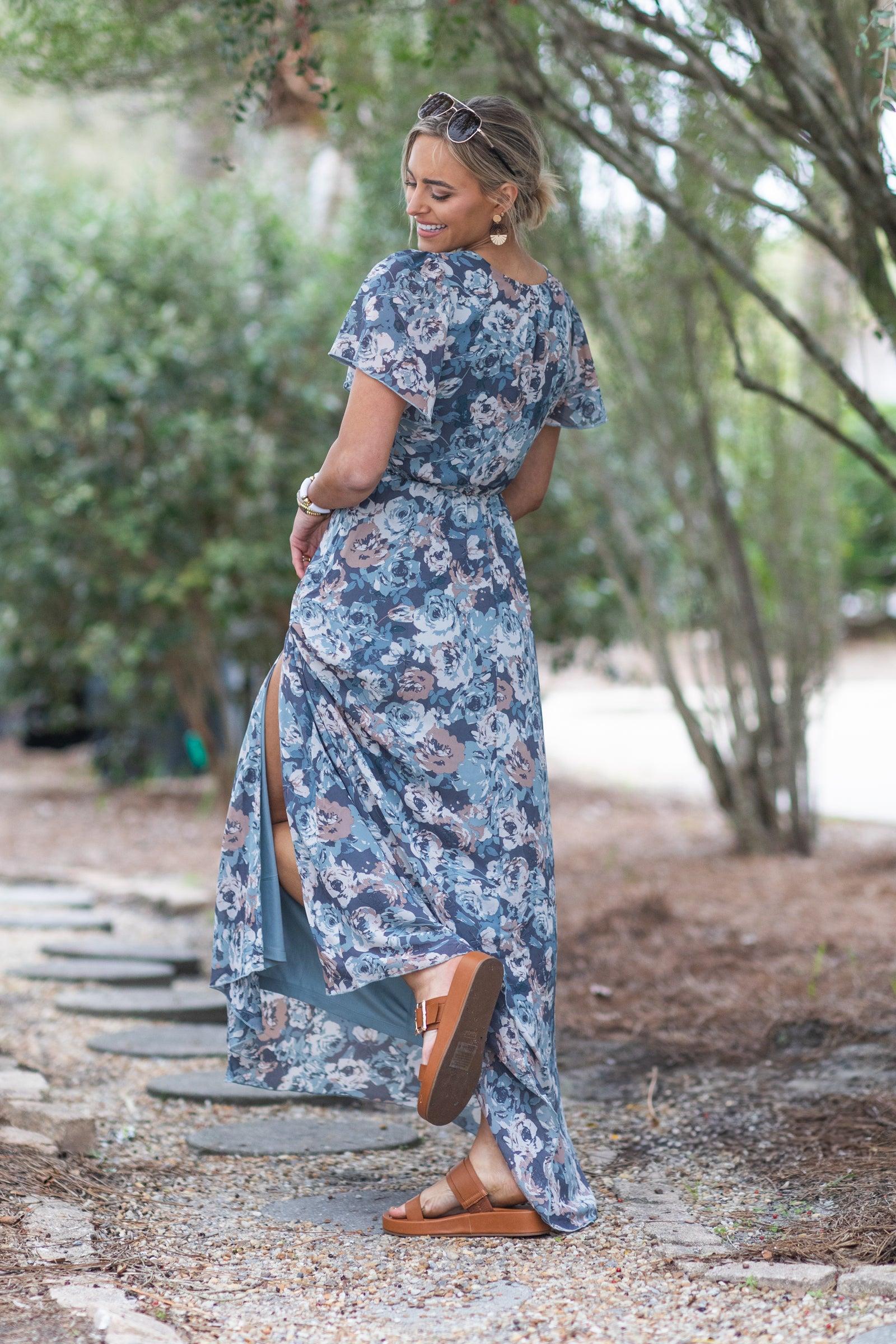 Slate Blue Blouse Floral Waist Band Maxi Dress Product Image