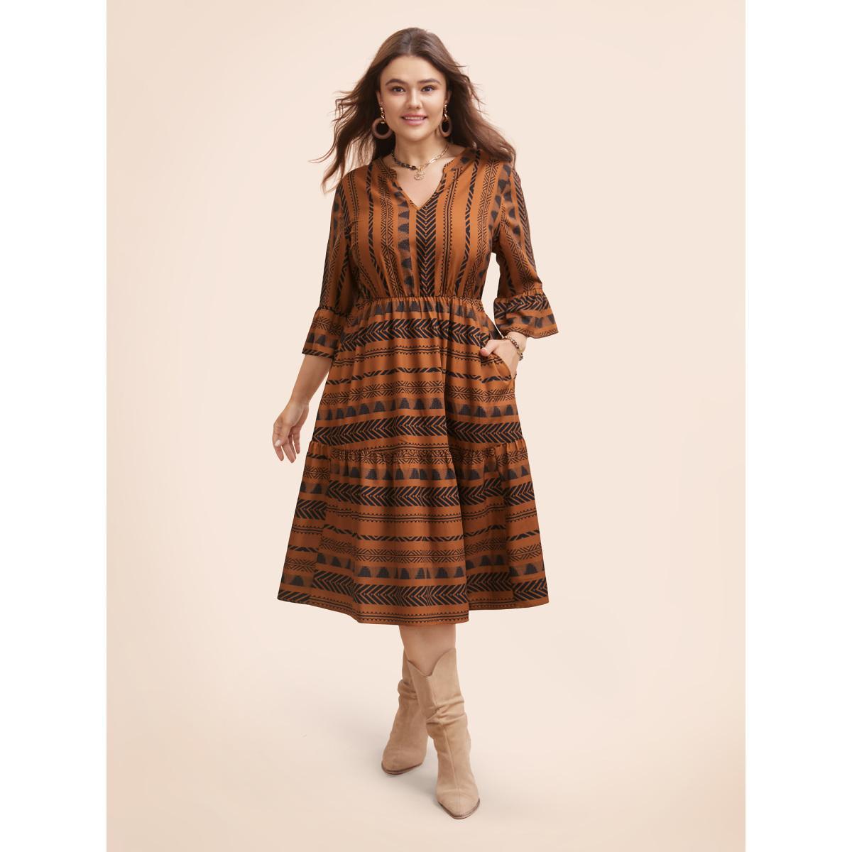 Plus Size Notched Bandana Geometric Ruffle Sleeve Dress Yellowishbrown Women Resort Ruffles Flat collar with V-notch Elbow-length sleeve Curvy BloomChic 10/M Product Image