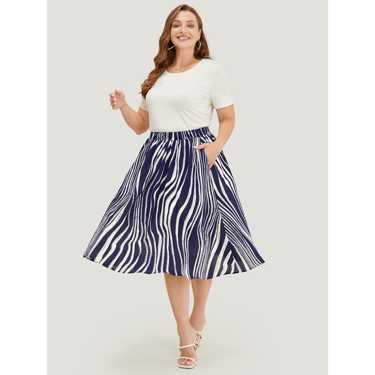 Plus Size Water Ripple Print Pocket Flutter Skirt Women Indigo Elegant A-line No stretch Pocket Dailywear Skirts BloomChic 14-16/1X Product Image