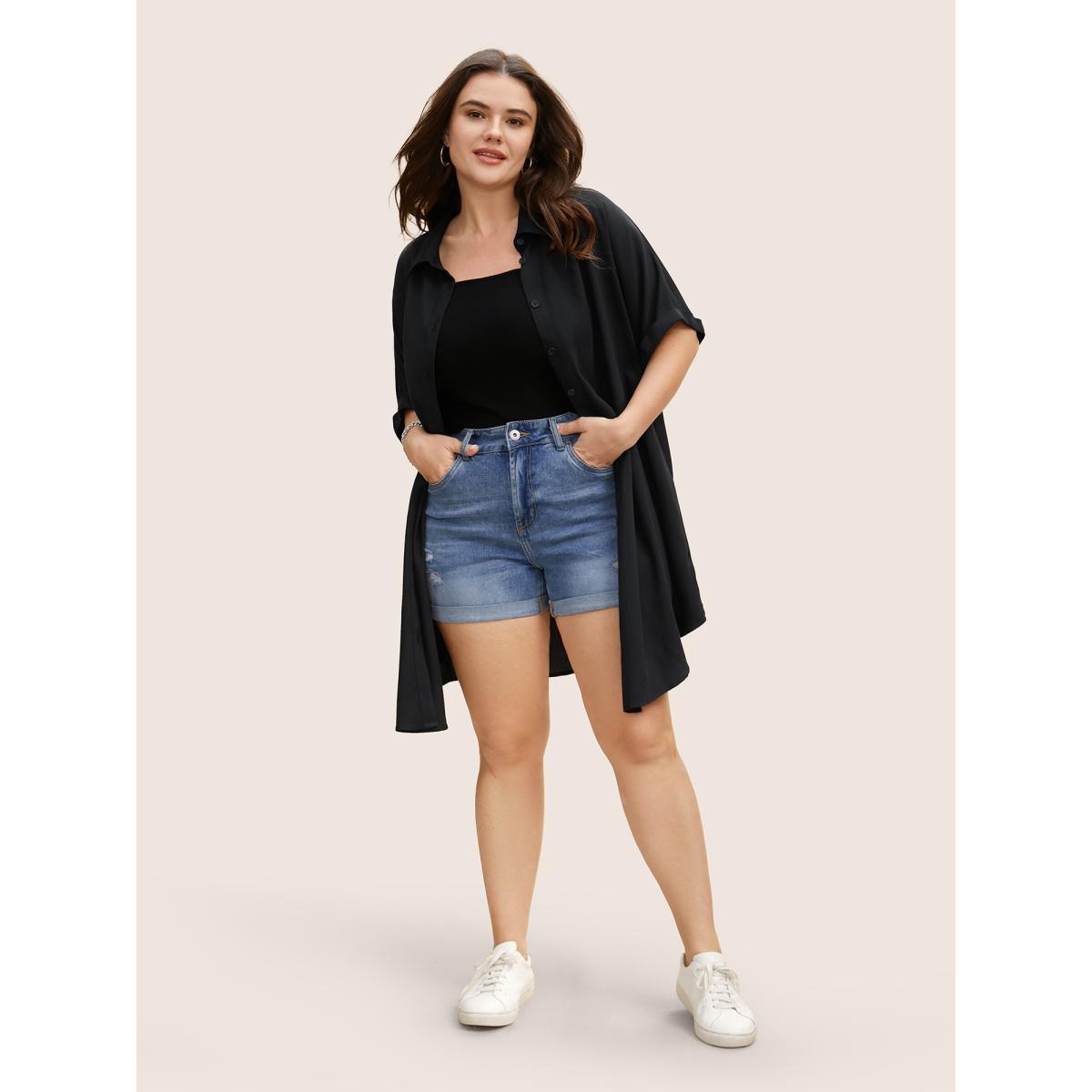 Plus Size Black Rayon Shirt Collar Cuffed Sleeve Pocket Blouse Women Casual Short sleeve Shirt collar Everyday Blouses BloomChic 30/6X Product Image