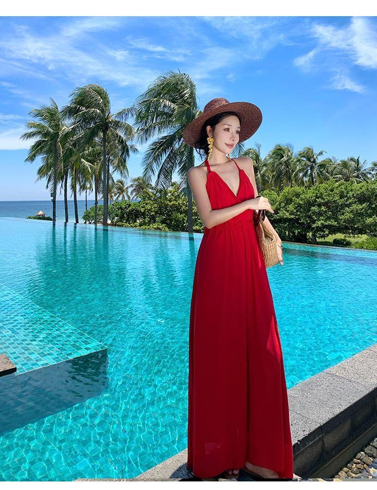 Halter Neck Plain Plain Maxi A-Line Dress Product Image