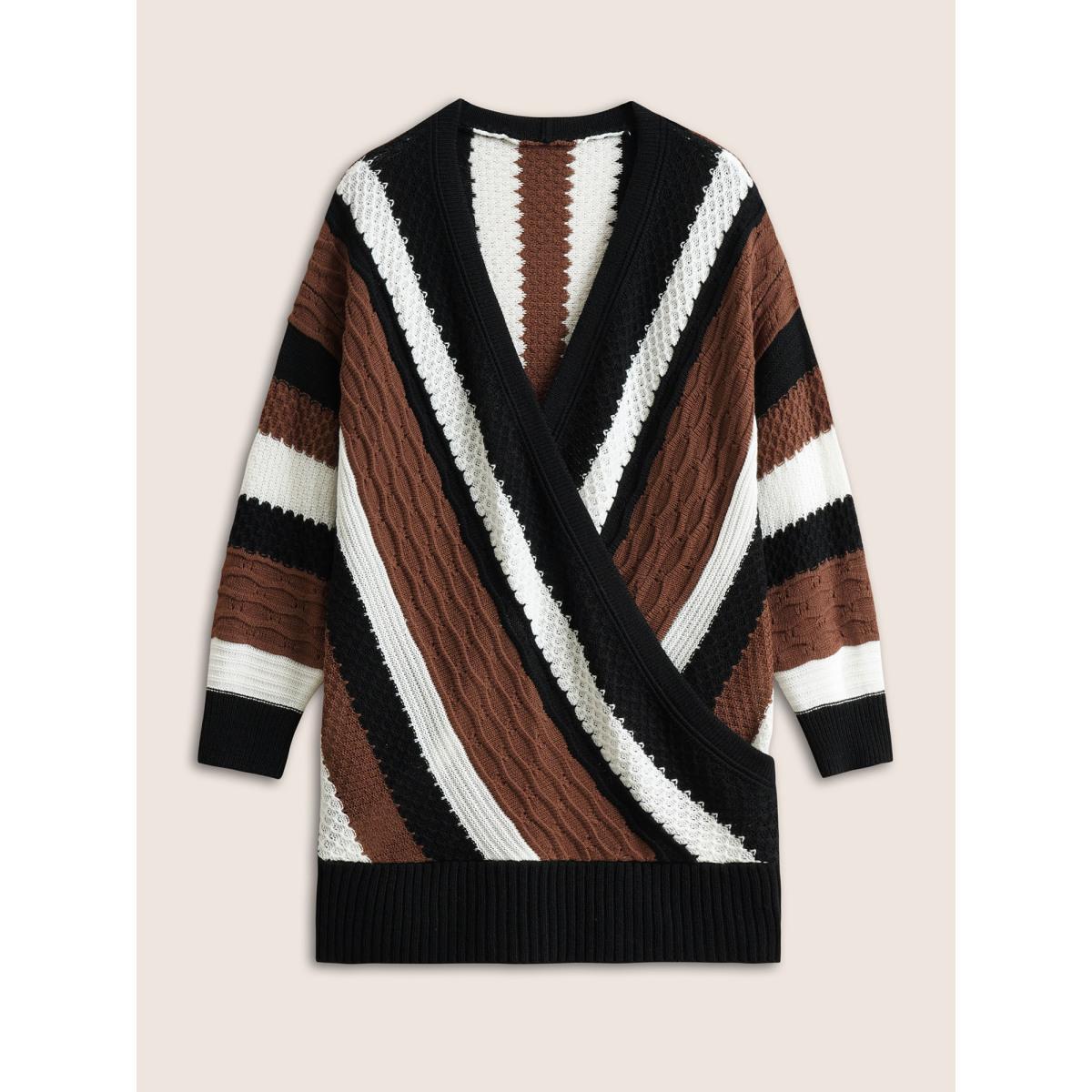 Plus Size Contrast Colorblock Wrap Deep V Neck Pullover DarkBrown Women Casual Long Sleeve Deep V-neck Everyday Pullovers BloomChic 30/6X Product Image