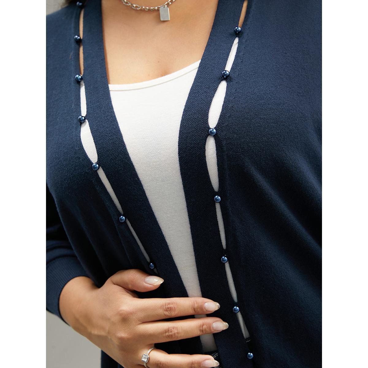 Plus Size Supersoft Essentials Plain Hollow Out Pearl Beaded Open Front Cardigan Indigo Women Casual Loose Long Sleeve Dailywear Cardigans BloomChic 14-16/1X Product Image
