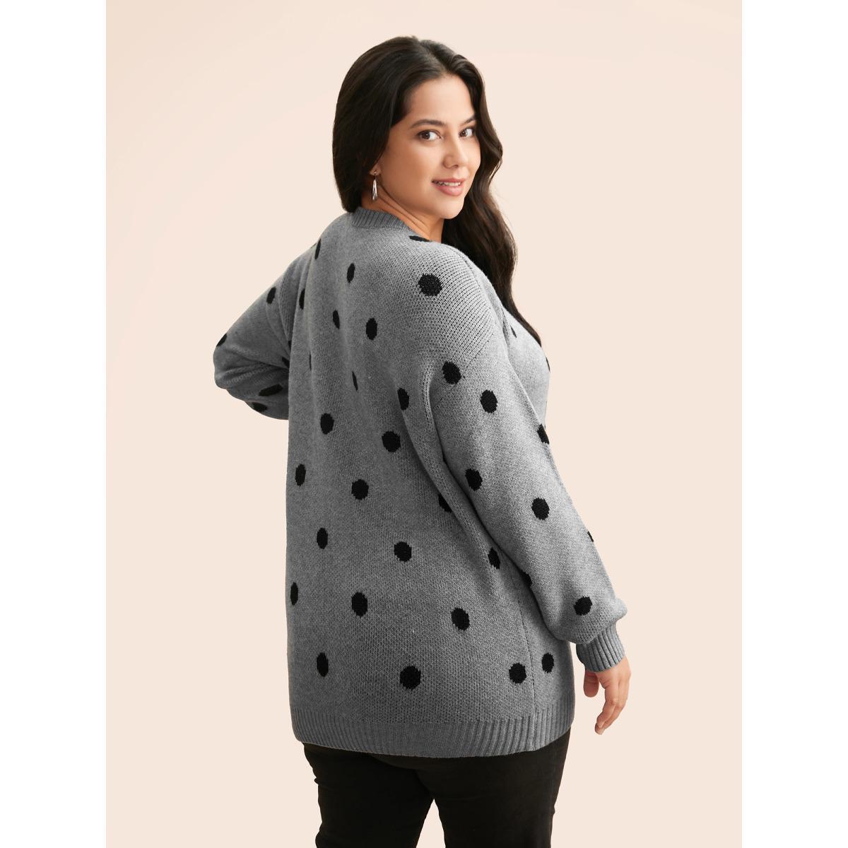 Plus Size Polka Dot Drop Shoulder Sleeve Pullover Mediumgray Women Casual Loose Long Sleeve Round Neck Everyday Pullovers BloomChic 12/L Product Image