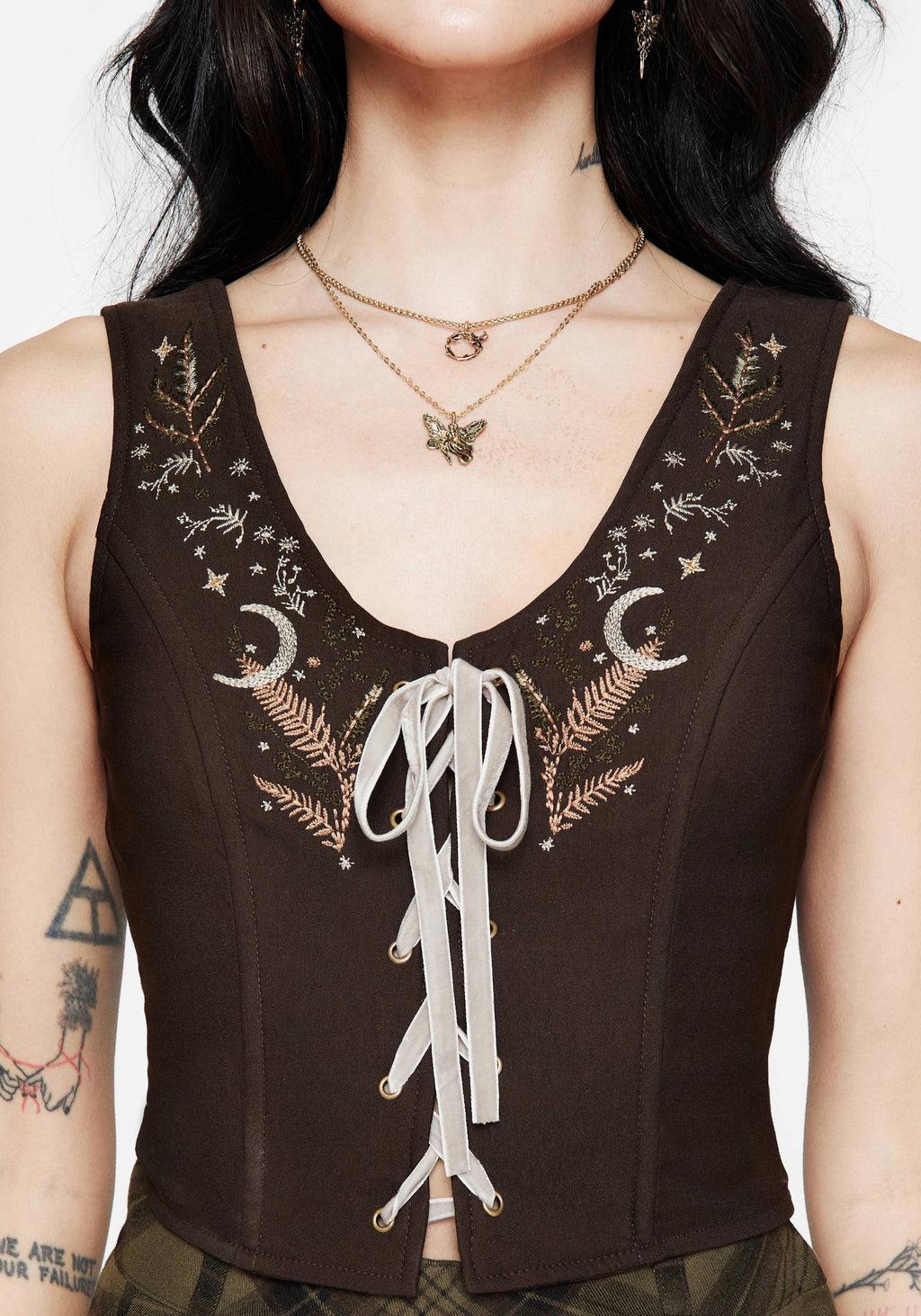 Abellona Embroidered Tie Up Front Corset Top Product Image
