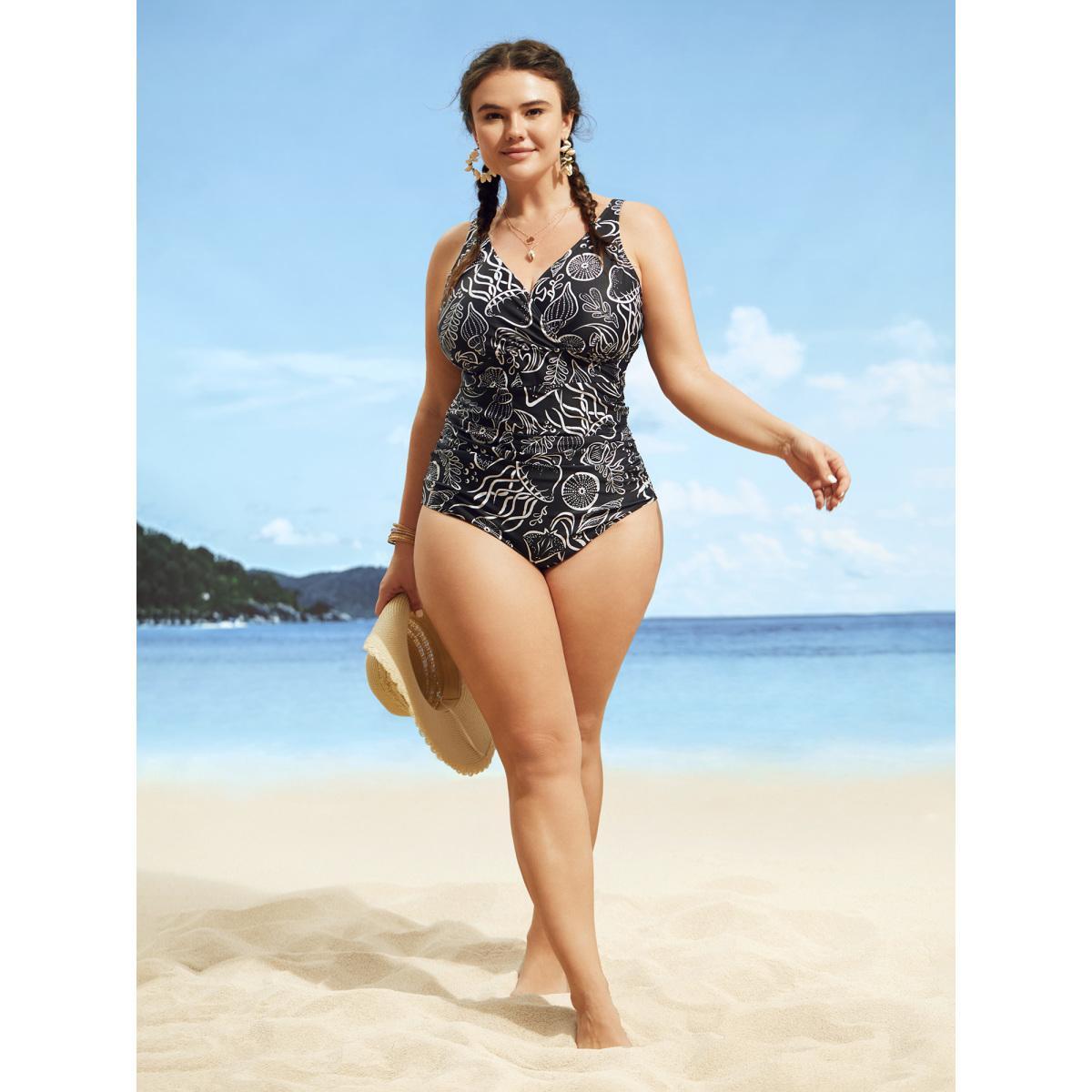 Plus Size V Neck Marine Elements Gathered One Piece Swimsuit Women's Swimwear Black Beach Gathered Curve Bathing Suits High stretch One Pieces BloomChic 18-20/2X Product Image