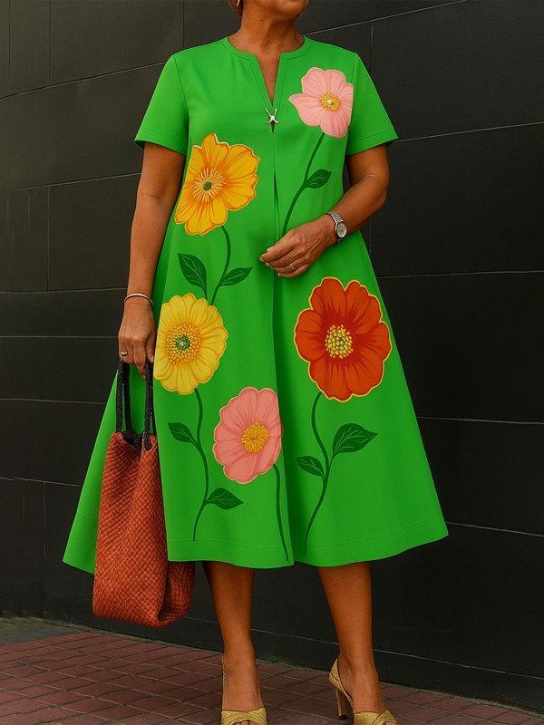 A-Line Loose Flower Print V-Neck Midi Dresses Product Image