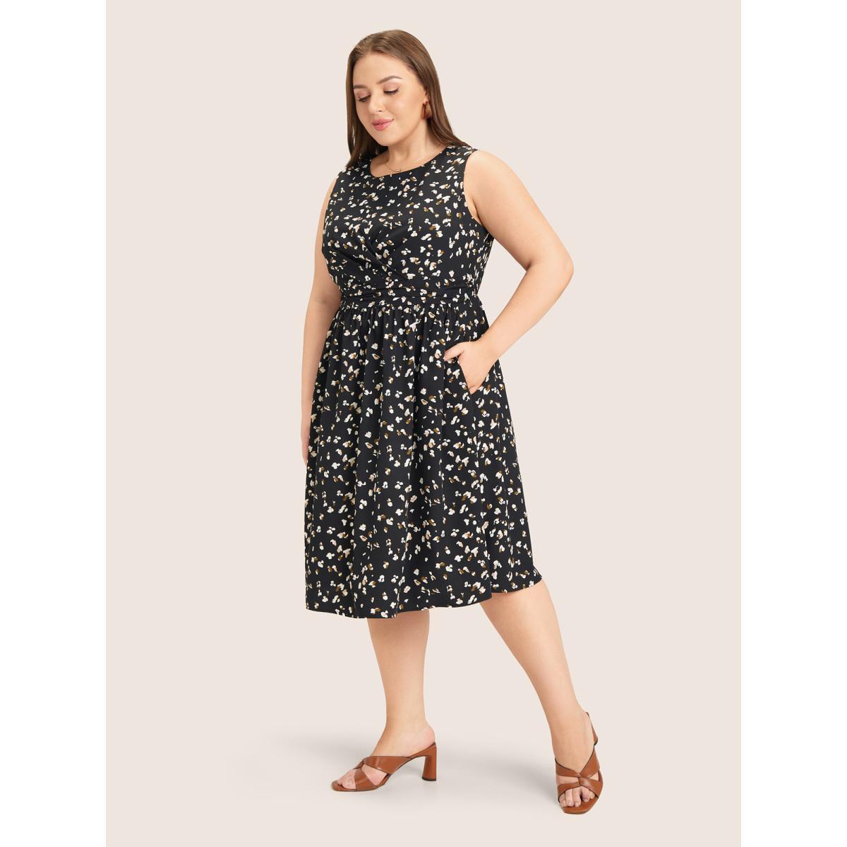 Plus Size Allover Print Pocket Flutter Crossover Ruched Tank Dress Black Women Elegant Twist Round Neck Sleeveless Curvy Midi Dress BloomChic 26/4X Product Image