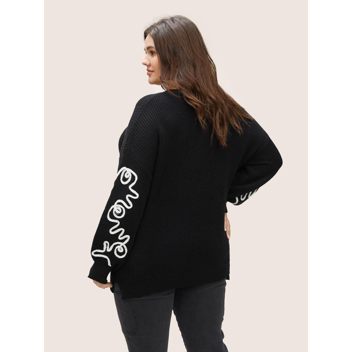 Plus Size Contrast Embroidered Crew Neck Pointelle Pullover Black Women Casual Long Sleeve Round Neck Everyday Pullovers BloomChic 22-24/3X Product Image