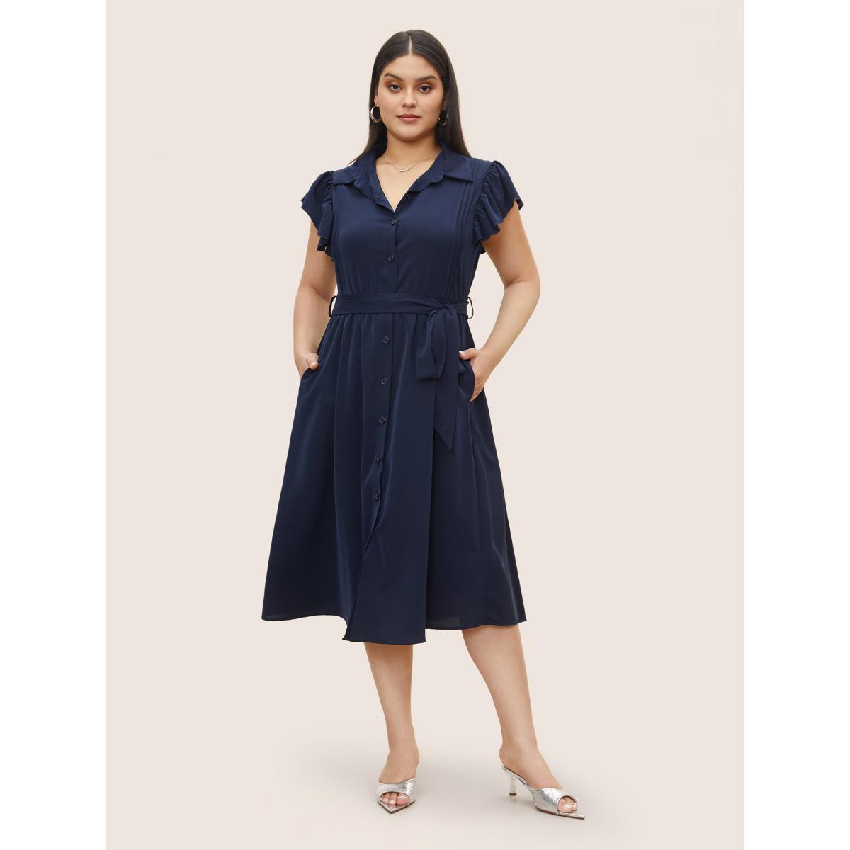 Plus Size Plain Pleated Button Through Cap Sleeve Dress Indigo Women At the Office Gathered Shirt collar Cap Sleeve Curvy Midi Dress BloomChic 22-24/3X Product Image