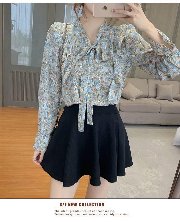 Long-Sleeve Tie-Neck Floral Print Ruffle Trim Blouse Product Image