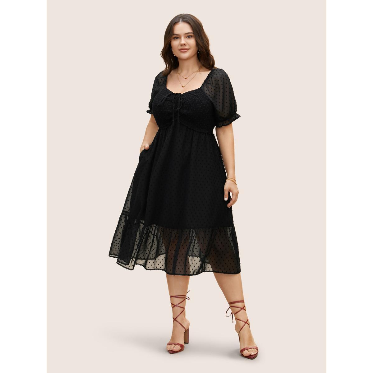 Plus Size Polka Dot Textured Mesh Shirred Drawstring Dress Black Women Elegant Texture V-neck Short sleeve Curvy BloomChic 10/M Product Image