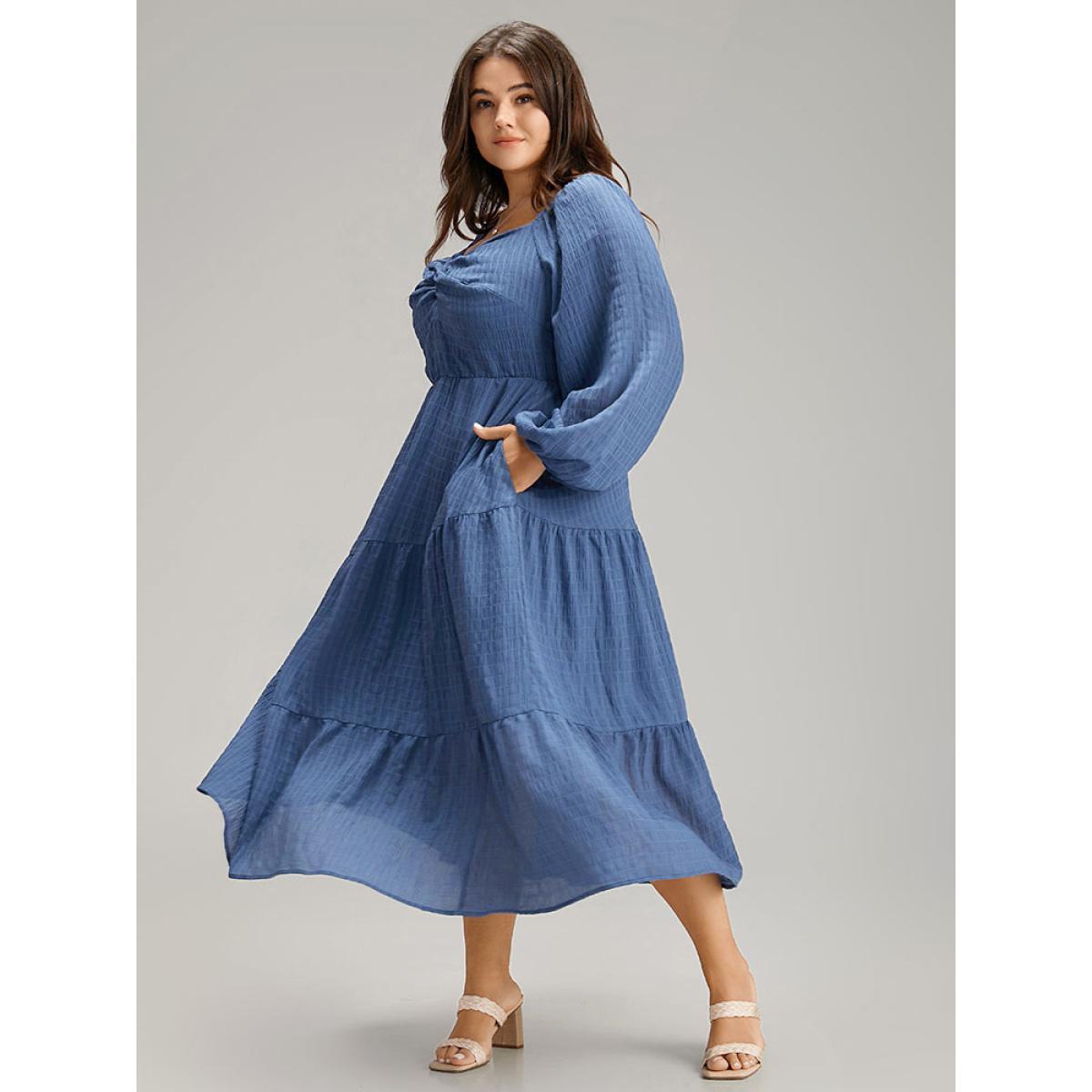 Plus Size Plisse Twist Front Layered Hem Dress Cerulean Women Elegant Elastic cuffs Square Neck Long Sleeve Curvy Midi Dress BloomChic 18-20/2X Product Image