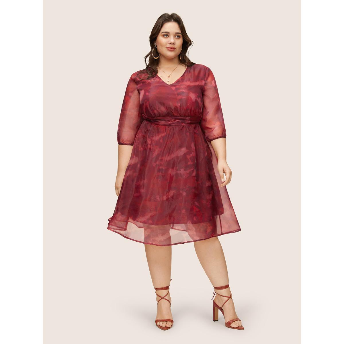 Plus Size Pixel Flower Mesh Gathered Lantern Sleeve Dress RedViolet Women Elegant Non V-neck Elbow-length sleeve Curvy Midi Dress BloomChic 30/6X Product Image