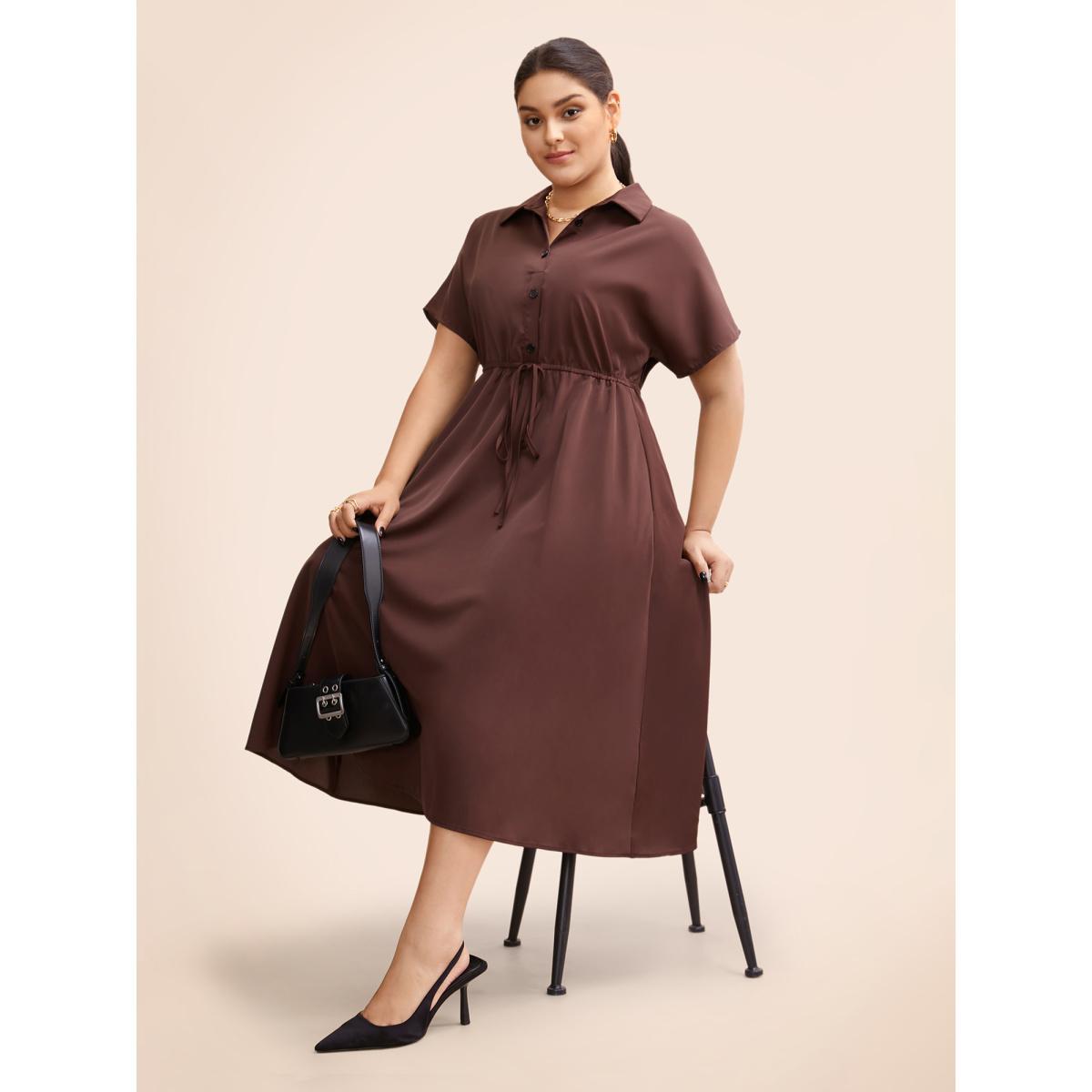 Plus Size Shirt Collar Batwing Sleeve Drawstring Dress Browncoffeecolor Women At the Office Drawstring Shirt collar Short sleeve Curvy BloomChic 14-16/1X Product Image