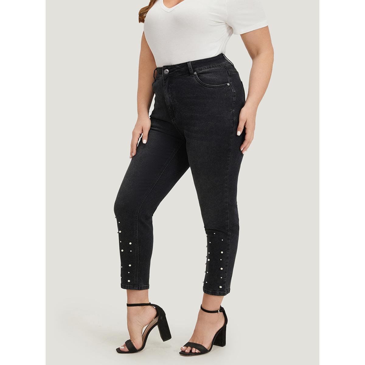 Plus Size Beaded Detail Pocket Very Stretchy Black Wash Jeans Women DimGray Casual Plain Beaded High stretch Pocket Jeans BloomChic 24/3X Product Image