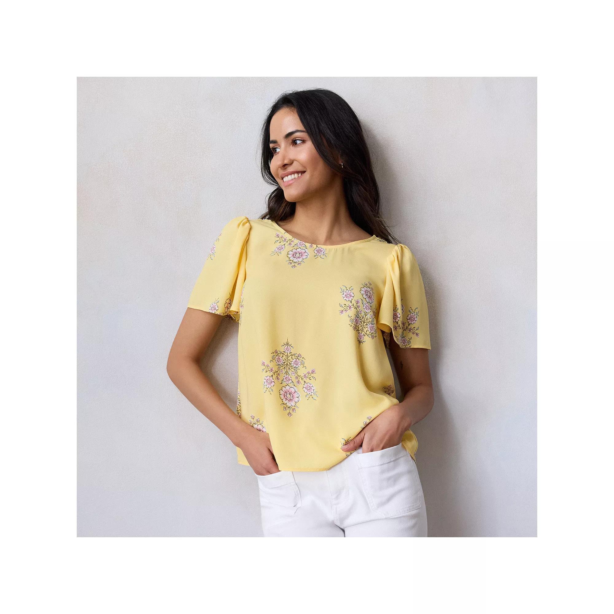 Petite LC Lauren Conrad Flutter Sleeve Woven Top, Women's, Size: XS Petite, Yellow Lexi Wallpaper Product Image