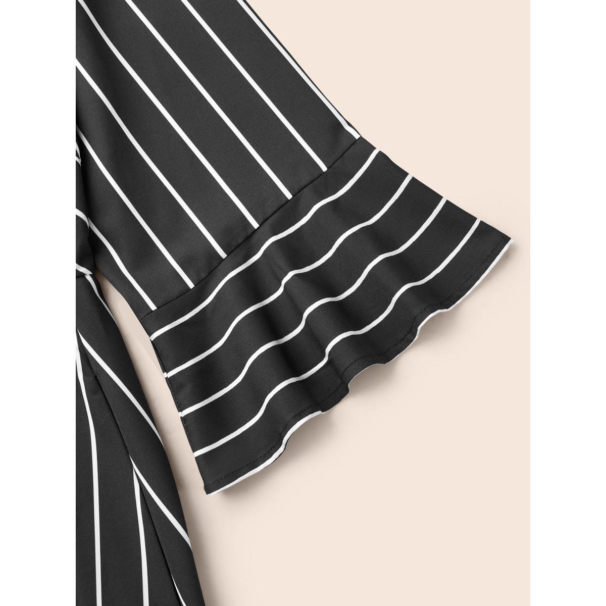 Plus Size Striped Flutter Sleeve Midi Dress Black Women At the Office Ruffles Round Neck Elbow-length sleeve Curvy BloomChic 22-24/3X Product Image
